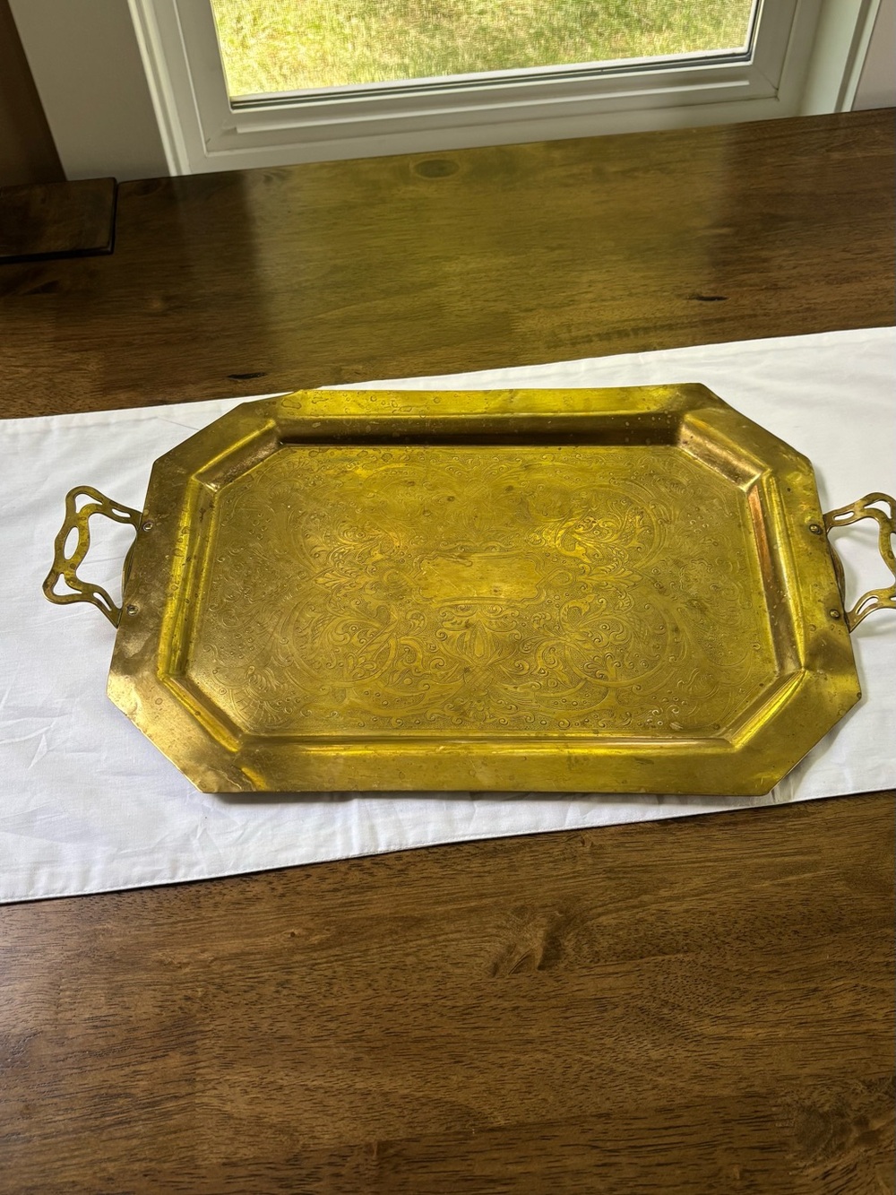 Vintage Art Nouveau Style Brass Tray with Riveted Handles